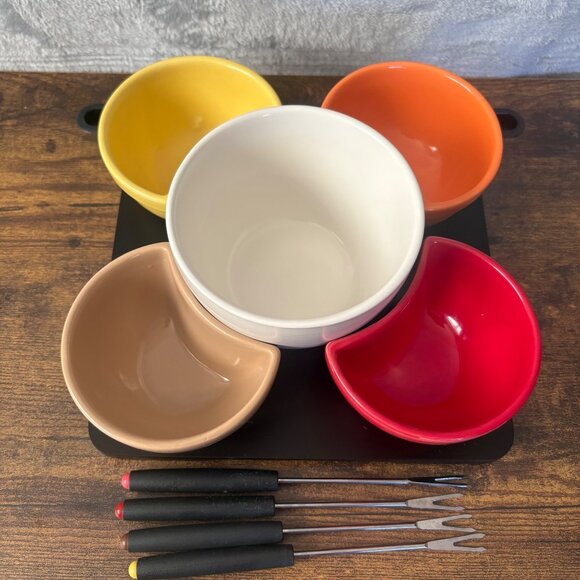 Pier One Imports Vintage Stoneware Fondue Set Bowl Stand Forks & Tray Multicolo - Picture 2 of 10